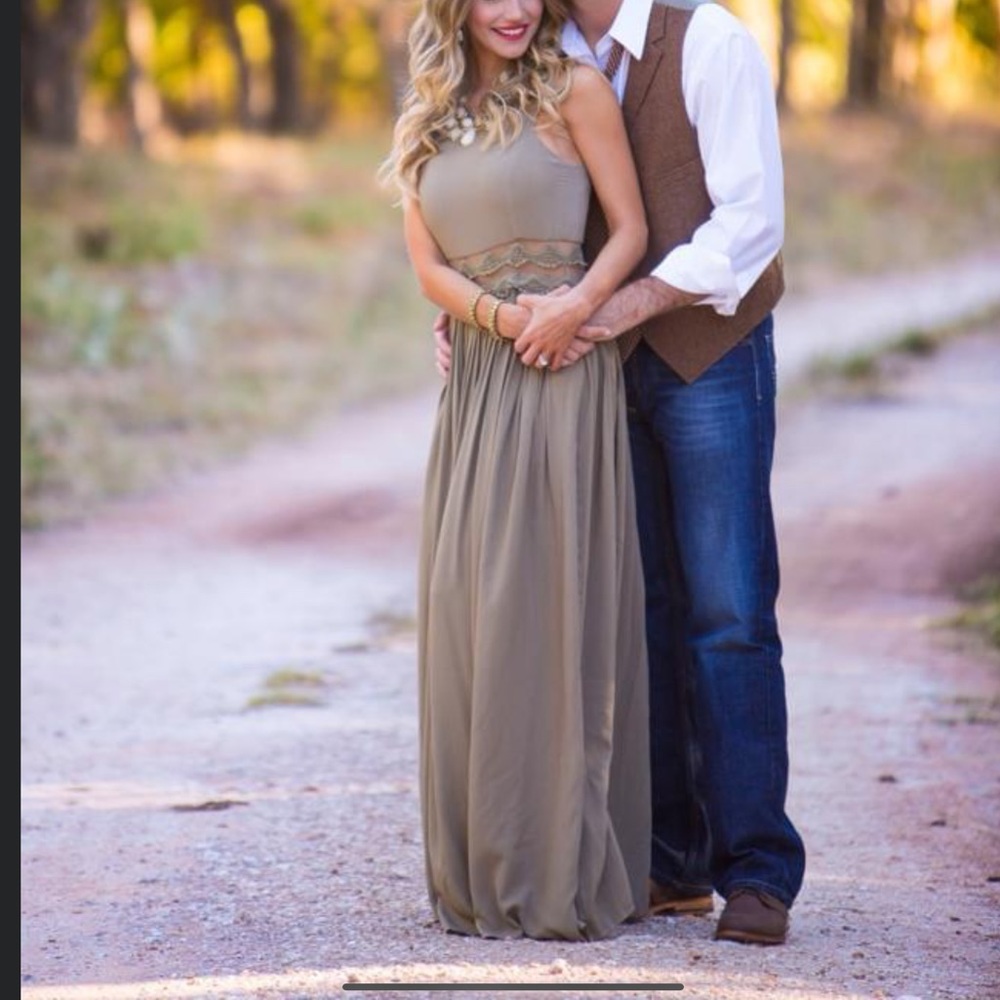 Olive green maxi dress with lace detailing at waist (Size Small)